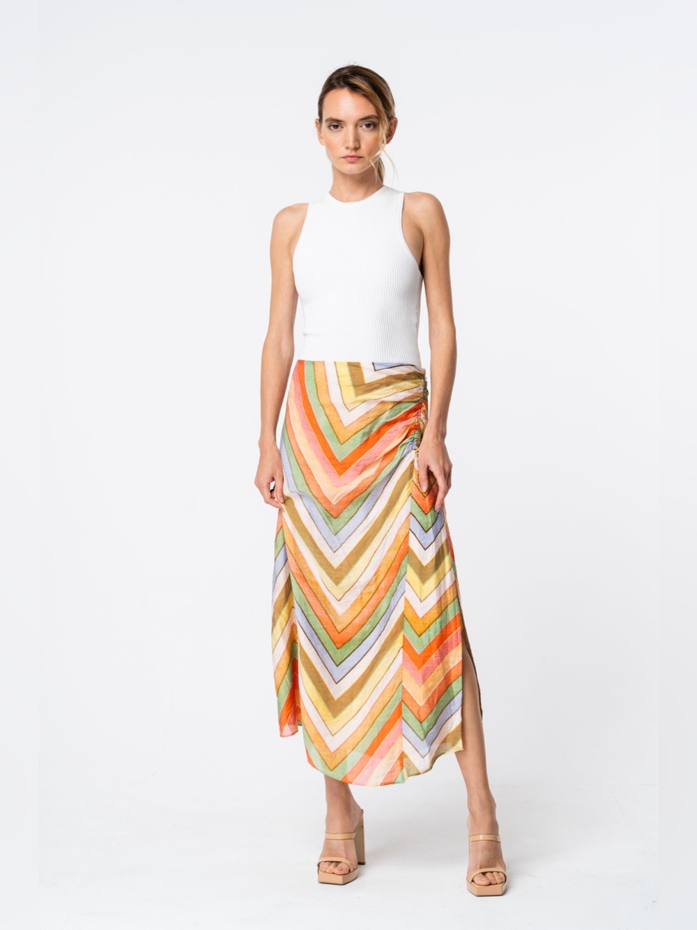NWT Ciebon Amaya Chevron Print High-Waisted Midi Skirt Women's Size Medium